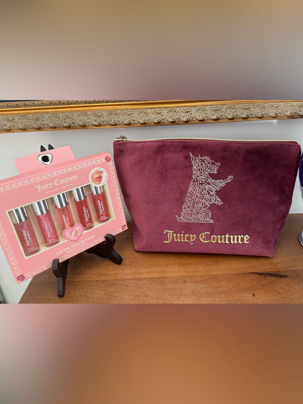 Juicy Couture Burgundy Velour Rhinestone Scottie Makeup Bag NIB Lipgloss Set HTF